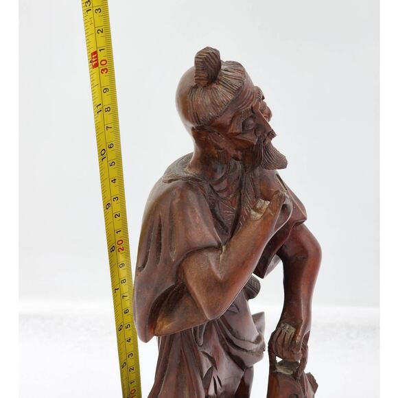 Vintage Asian Chinese Fisherman Hand Carved Wooden Sculpture Sage Elder Fish 12" - Picture 6 of 16